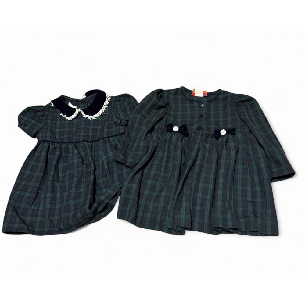 Vintage 90s Girls Black Piccolo Plaid Dress Lot 2T 24M Velvet Collar Cottagecore